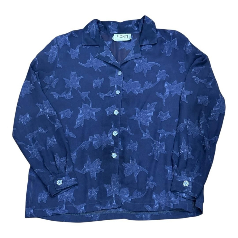 Monti Blouse Womens 12 Blue Sheer Floral Embroidered Button Front Long Sleeve